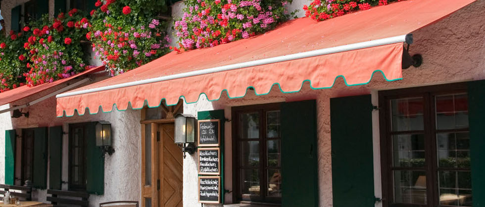 Awning on the front of a restaurant